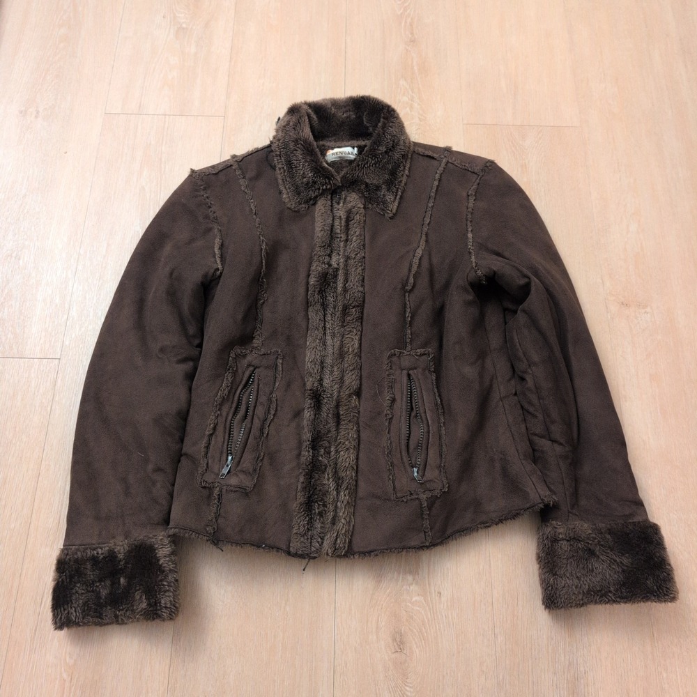 Renuar Women Medium Brown Faux Suede Fur Lined Jacket Zip Up Y2K Size 40